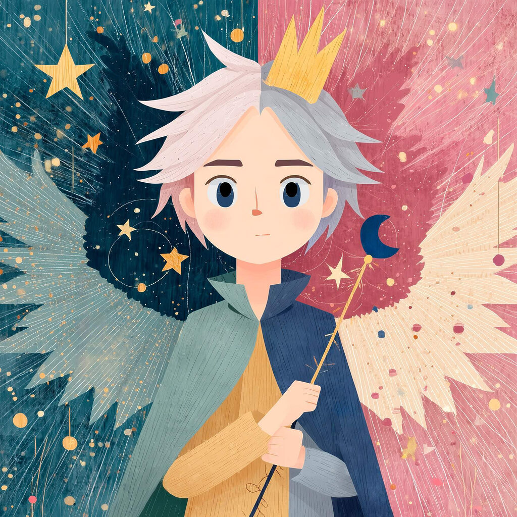 Cartoon of a boy with wings and a crown