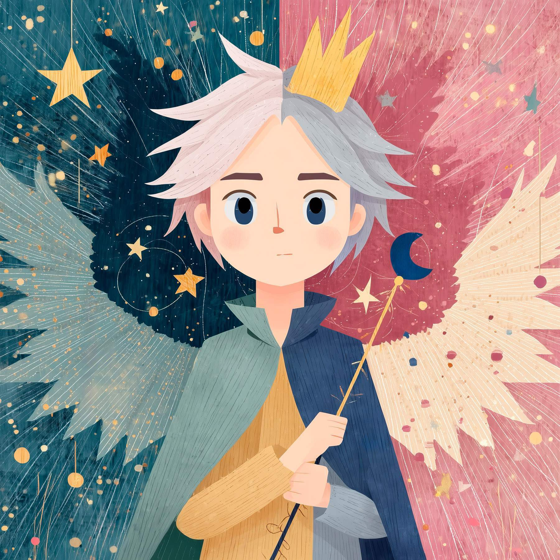 Cartoon of a boy with wings and a crown