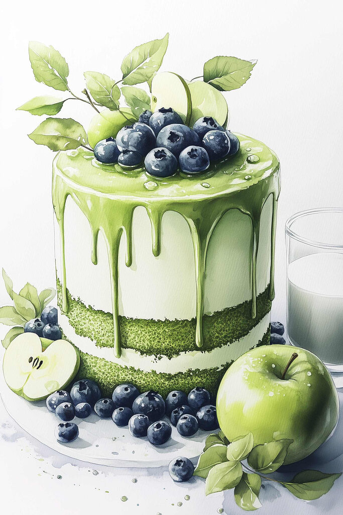 Cake with green icing and apples Cake with green icing and apples