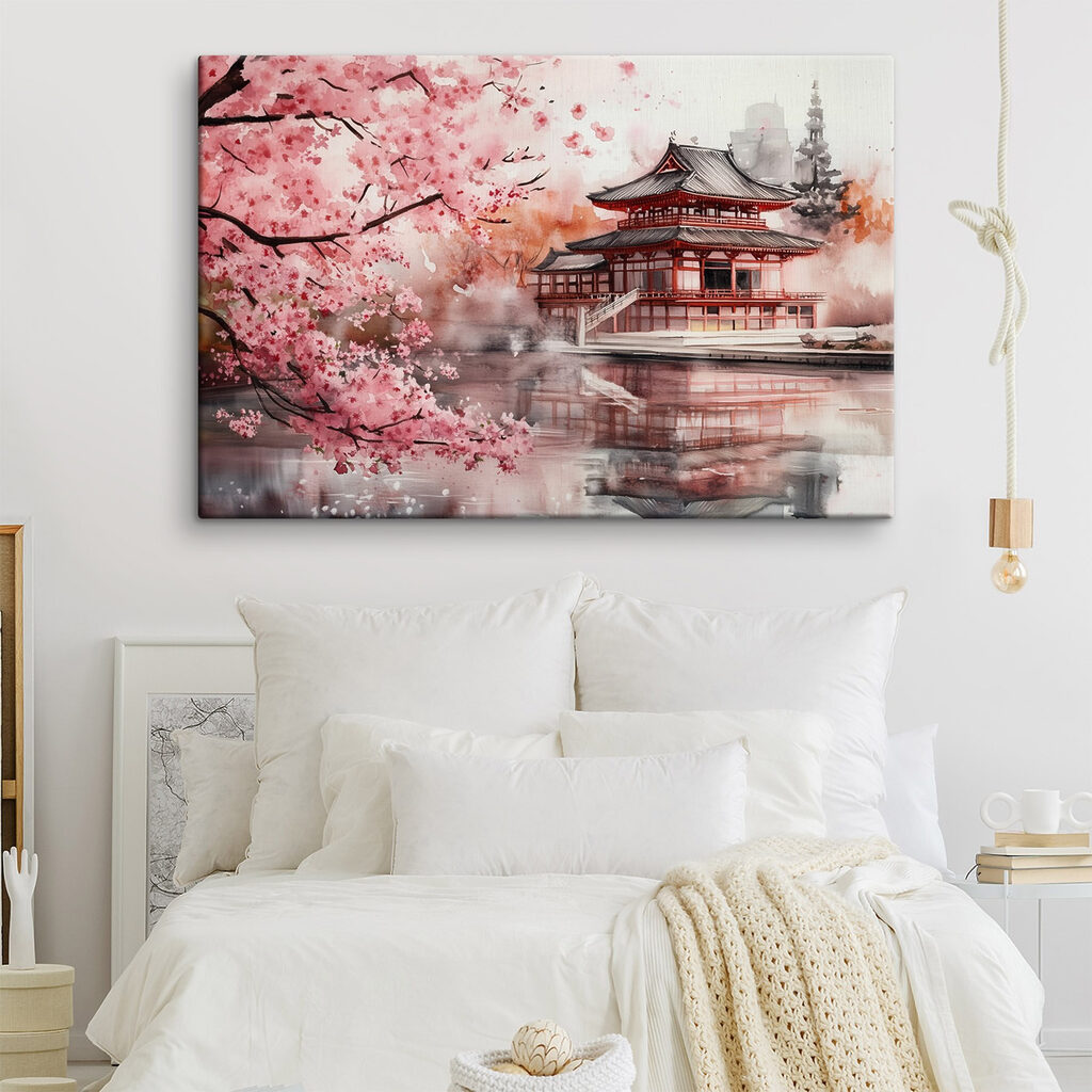 Watercolor painting of a building and a cherry blossom tree