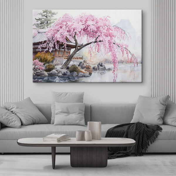 Quadri Quadri Acquerello raffigurante un albero con fiori rosa (COD: s44312)