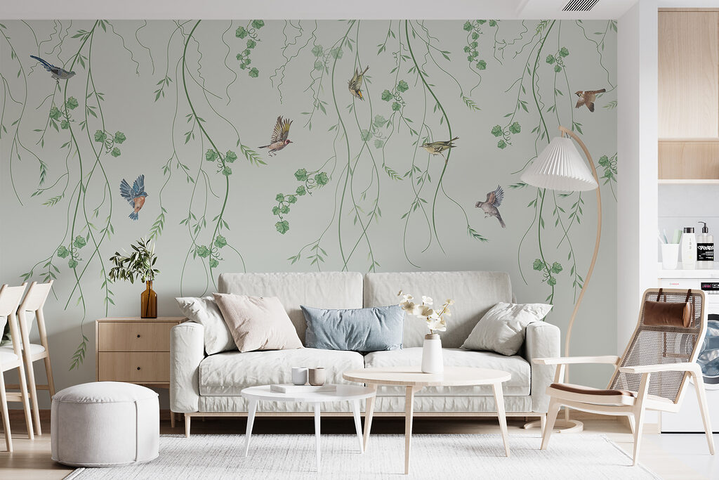 Wallpaper with birds and vines