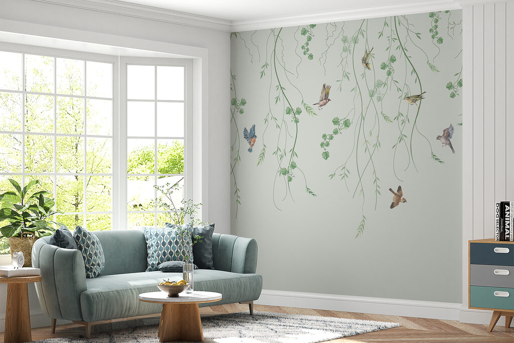 Wallpaper with birds and vines
