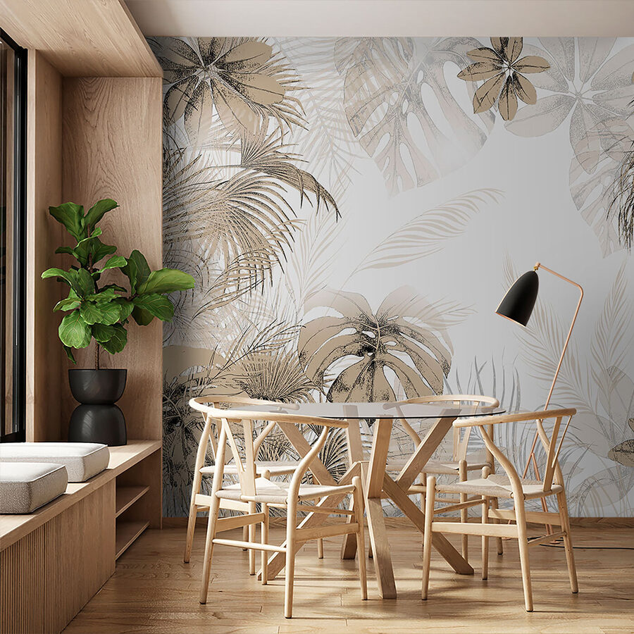 Foglie tropicali in morbide tonalità neutre.