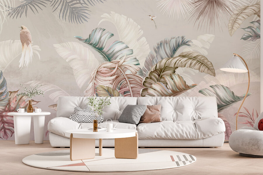Fogliame tropicale con delicati uccelli.
