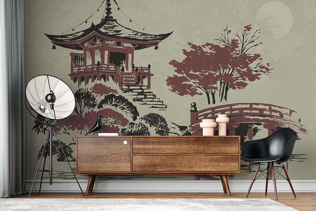 A painting of a pagoda and a bridge A painting of a pagoda and a bridge