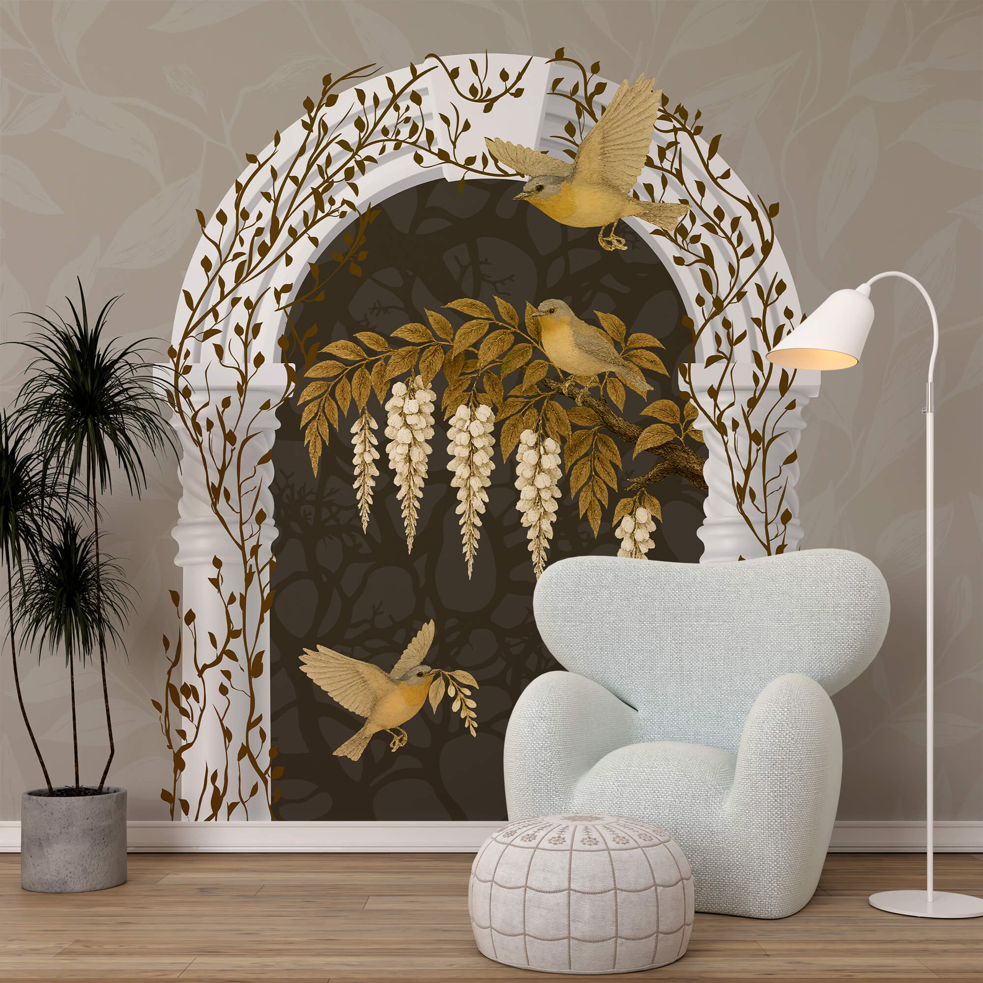 Arco bianco con uccelli in volo