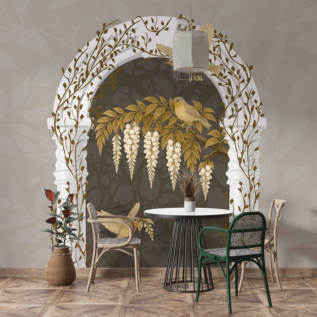 Arco bianco con uccelli in volo