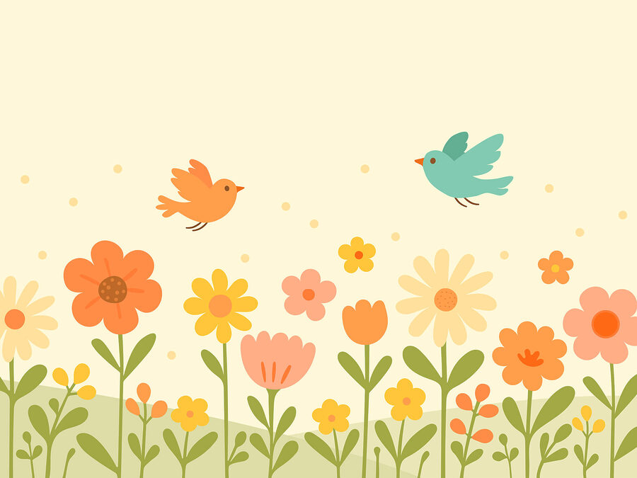 Uccelli in volo sui fiori