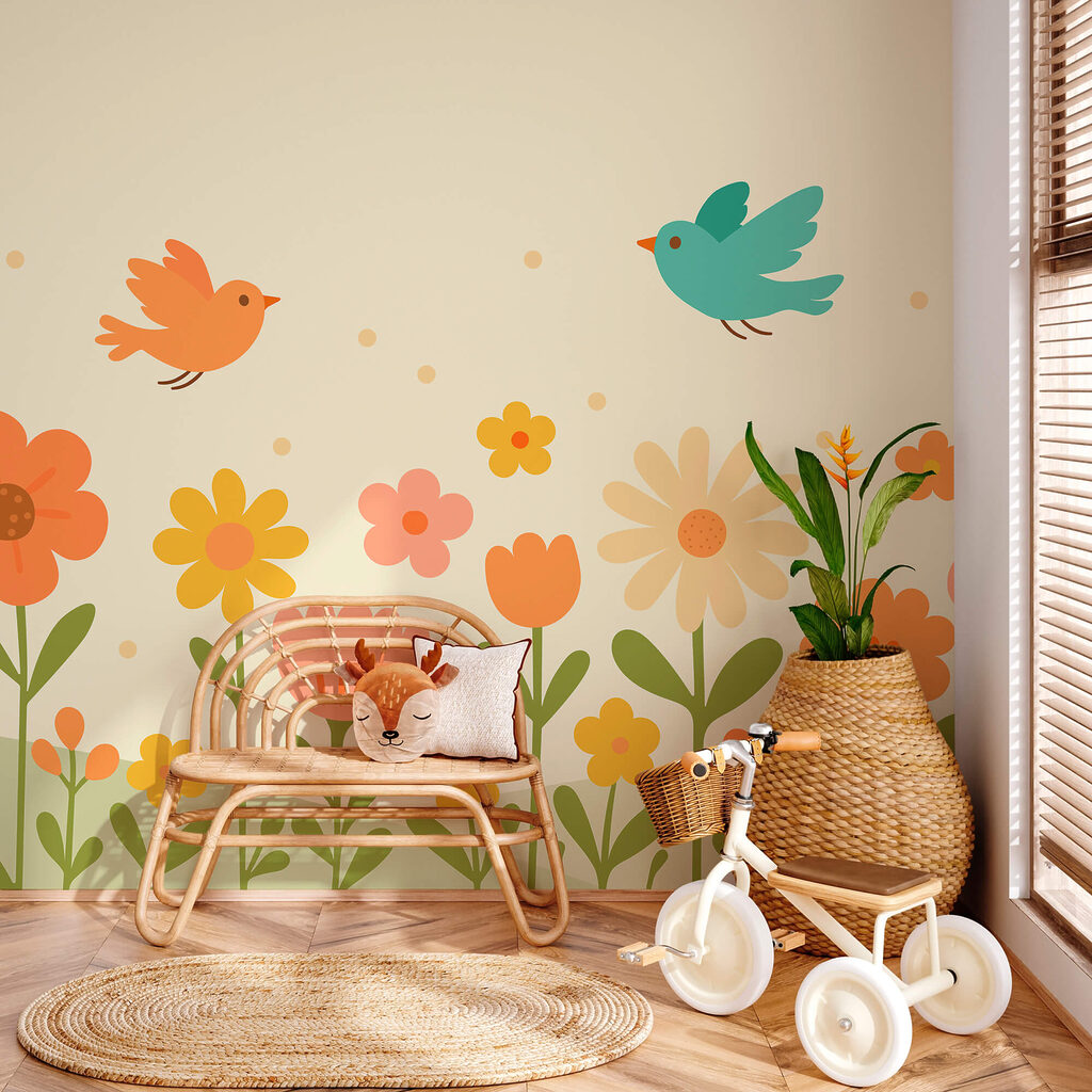 Uccelli in volo sui fiori