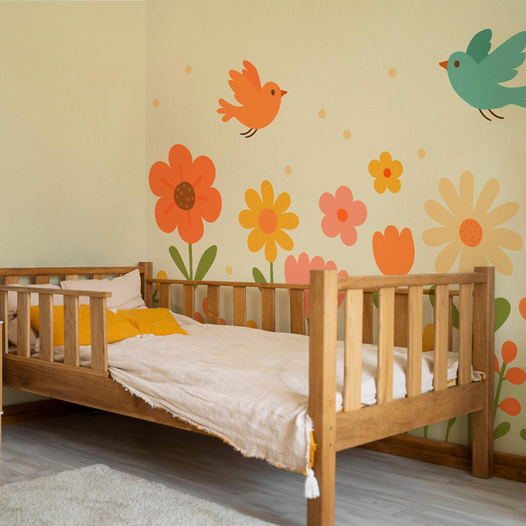 Uccelli in volo sui fiori