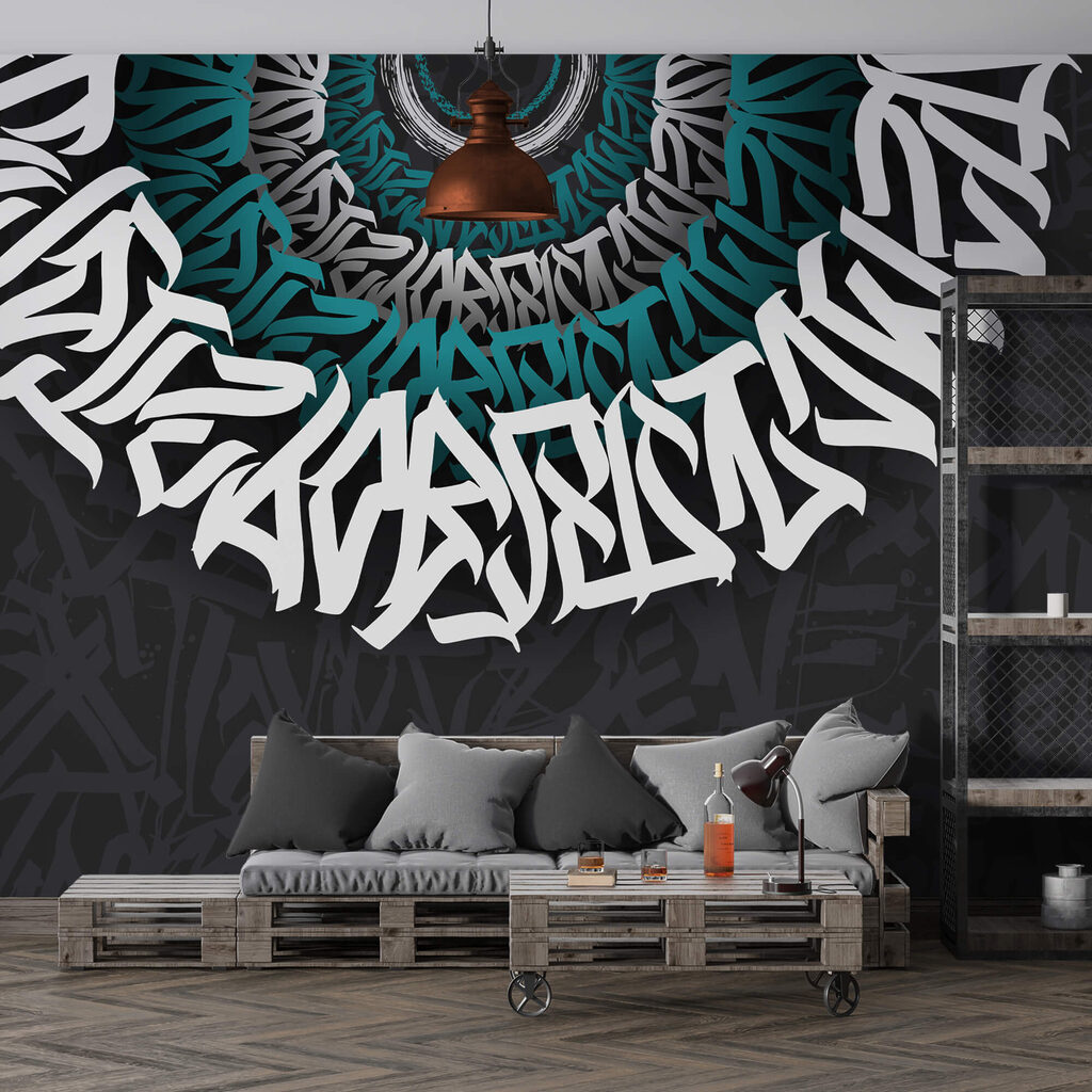 Graffiti bianchi e blu su sfondo nero