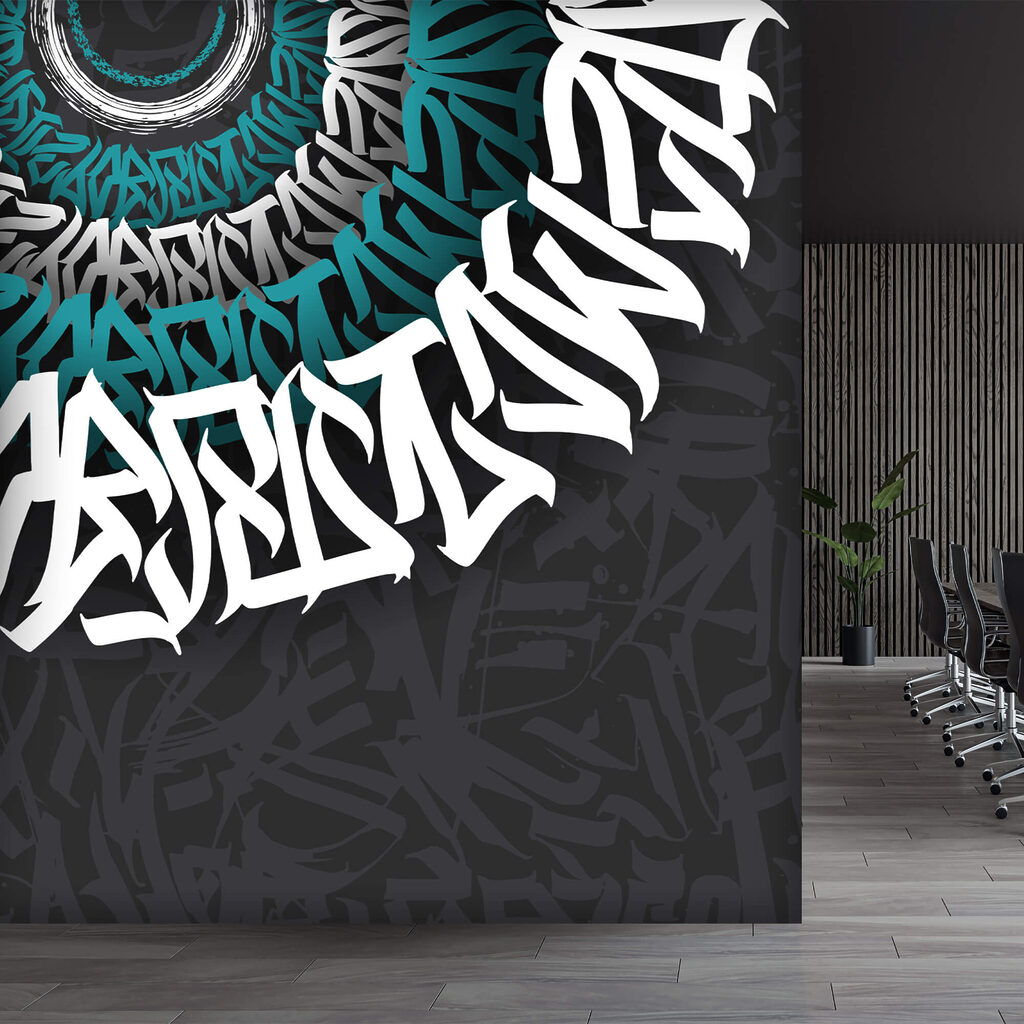 Graffiti bianchi e blu su sfondo nero