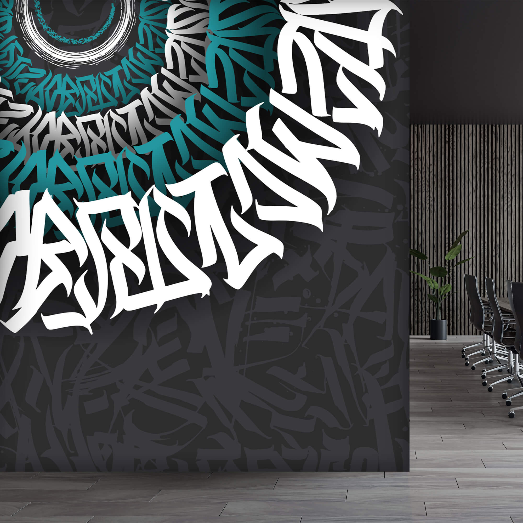 Graffiti bianchi e blu su sfondo nero