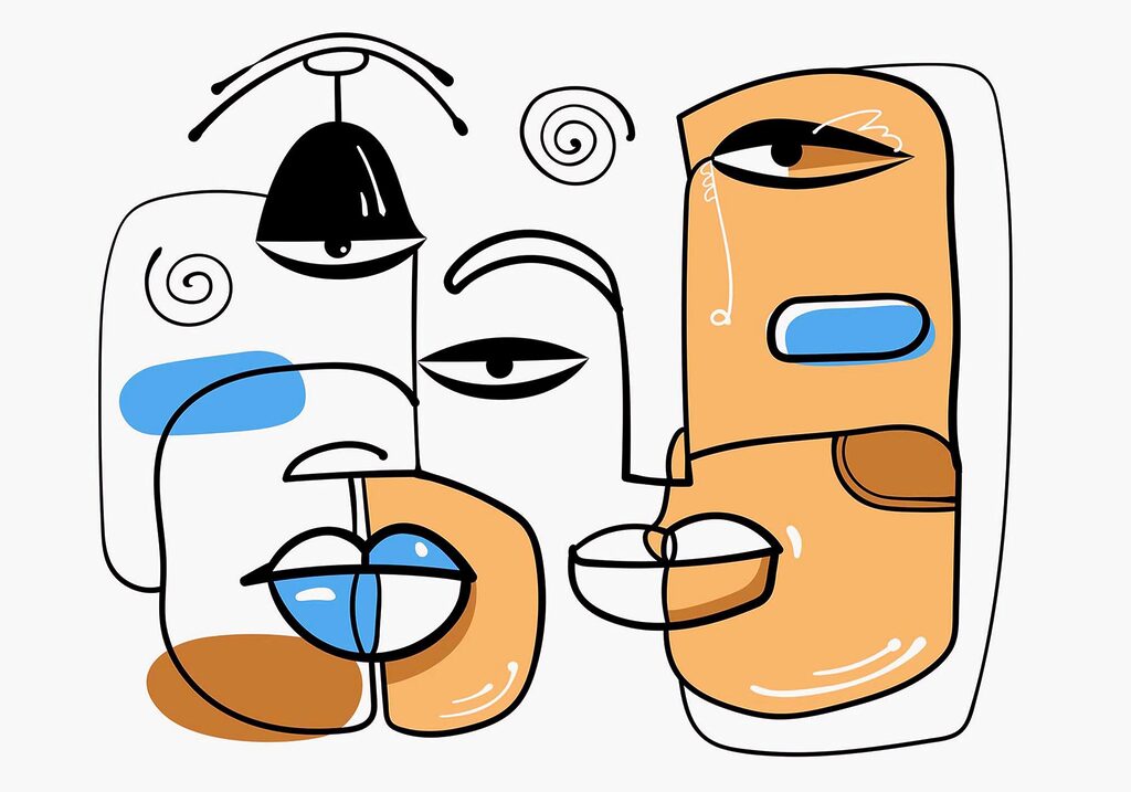 Gruppo di volti disegnati su sfondo bianco Gruppo di volti disegnati su sfondo bianco