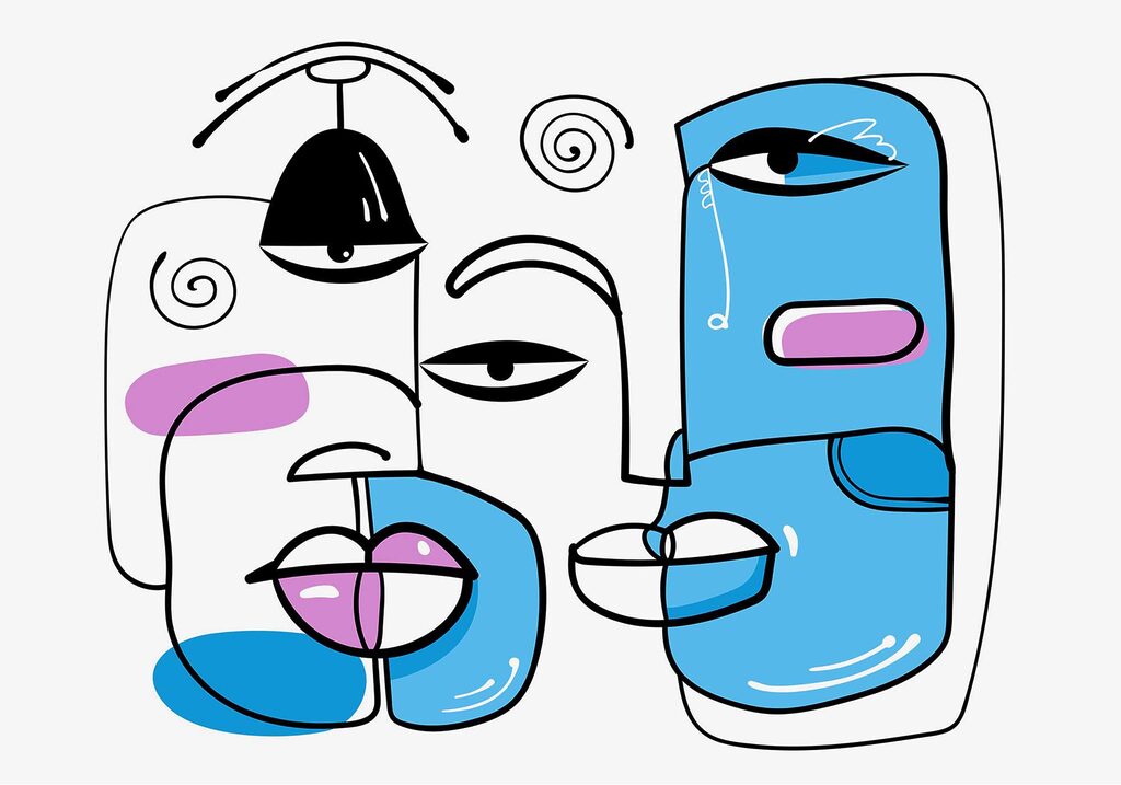Gruppo di volti disegnati su sfondo bianco Gruppo di volti disegnati su sfondo bianco