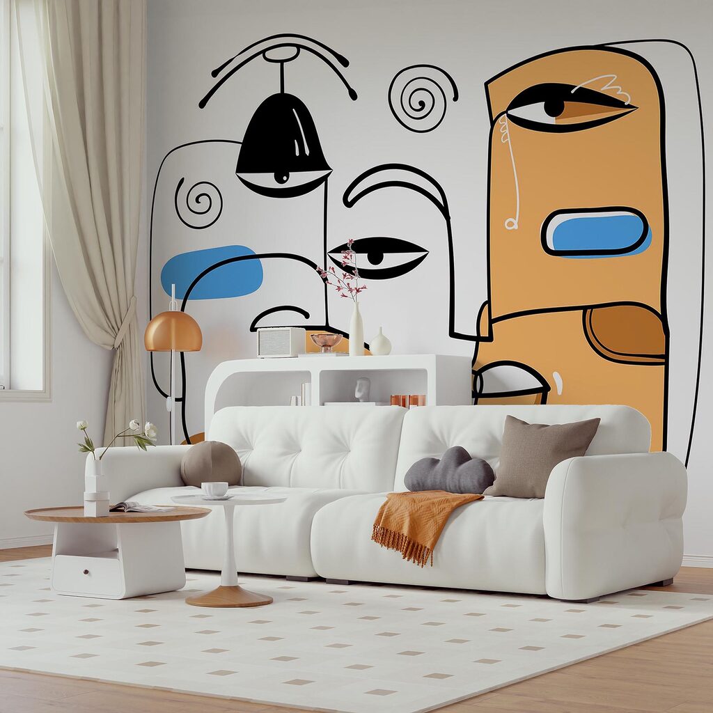 Gruppo di volti disegnati su sfondo bianco