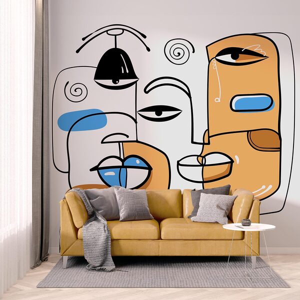 Gruppo di volti disegnati su sfondo bianco Gruppo di volti disegnati su sfondo bianco