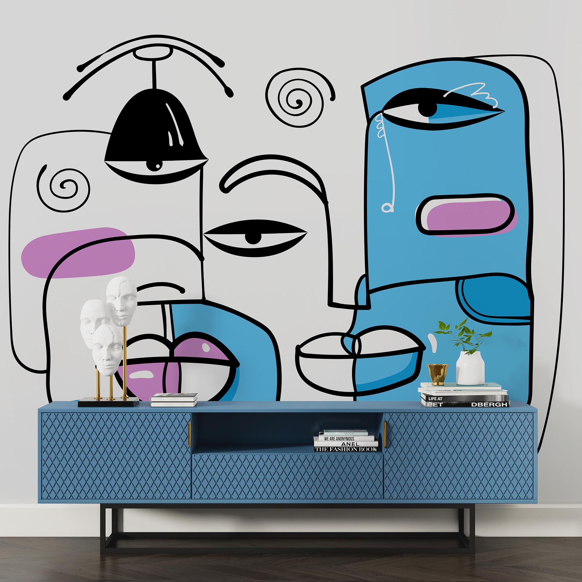 Gruppo di volti disegnati su sfondo bianco