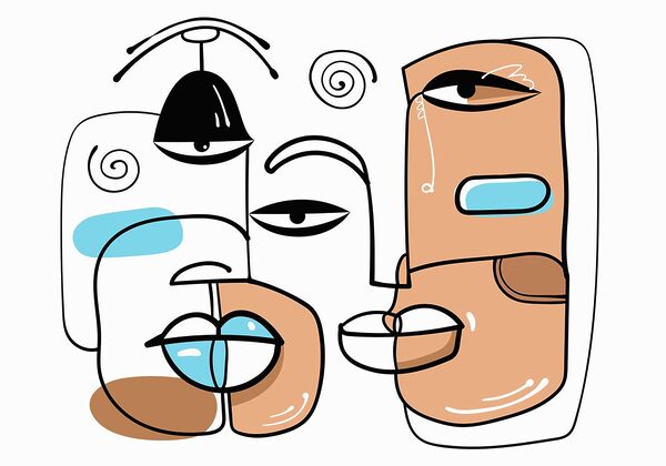 Gruppo di volti disegnati su sfondo bianco Gruppo di volti disegnati su sfondo bianco