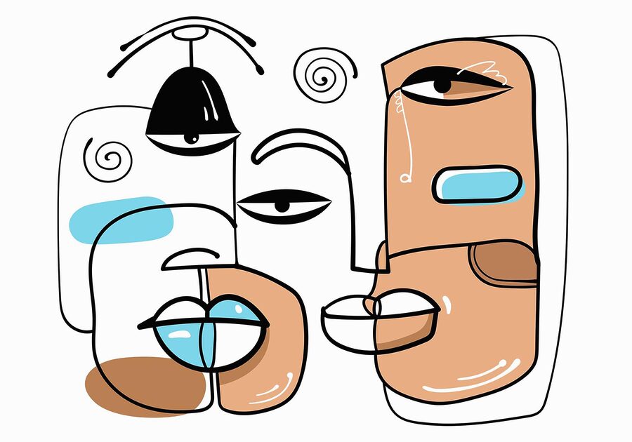 Gruppo di volti disegnati su sfondo bianco Gruppo di volti disegnati su sfondo bianco