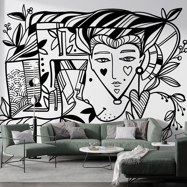 Disegno in bianco e nero del volto di una persona’. Disegno in bianco e nero del volto di una persona’.