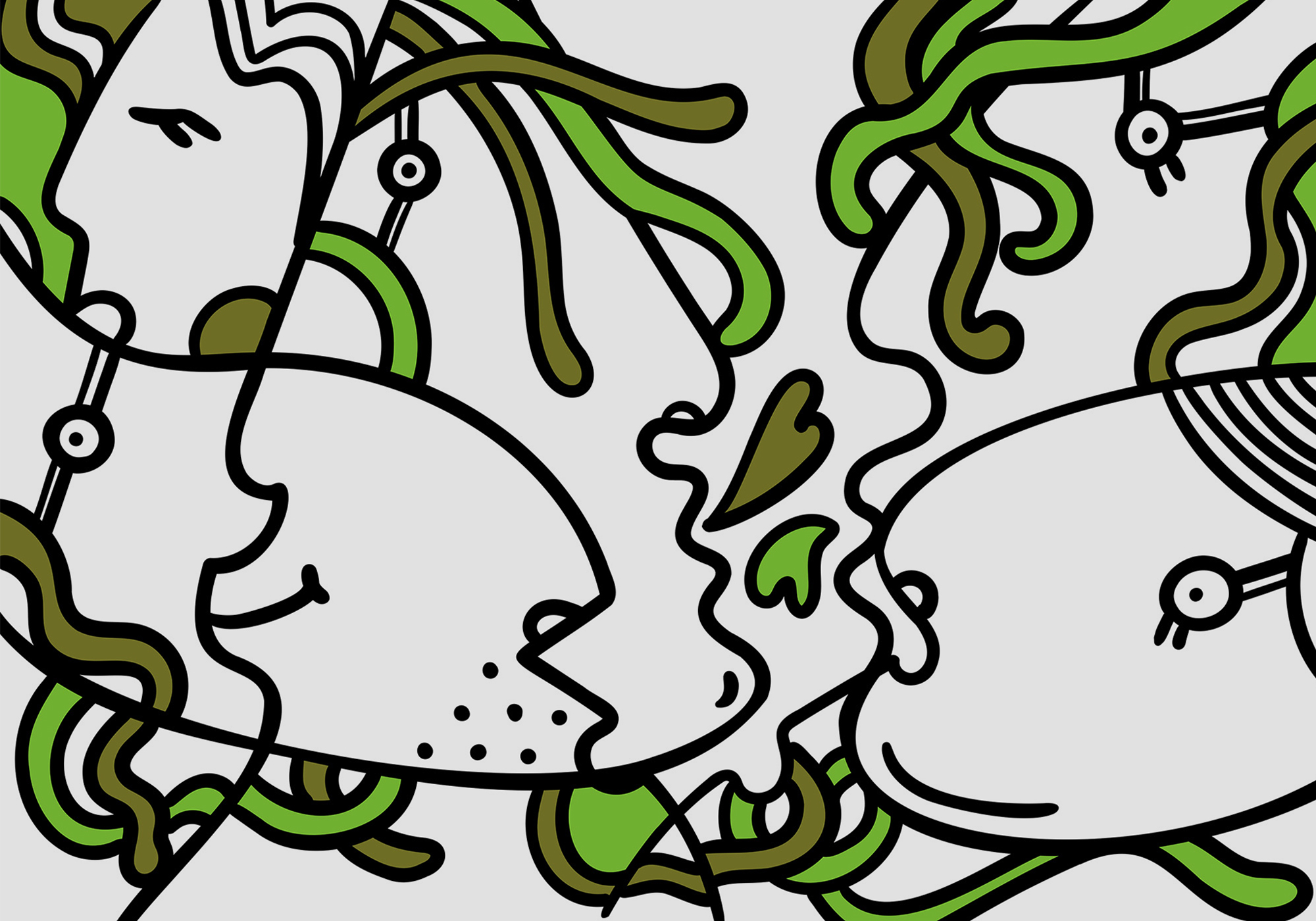 Faces intertwined with vibrant shapes Faces intertwined with vibrant shapes