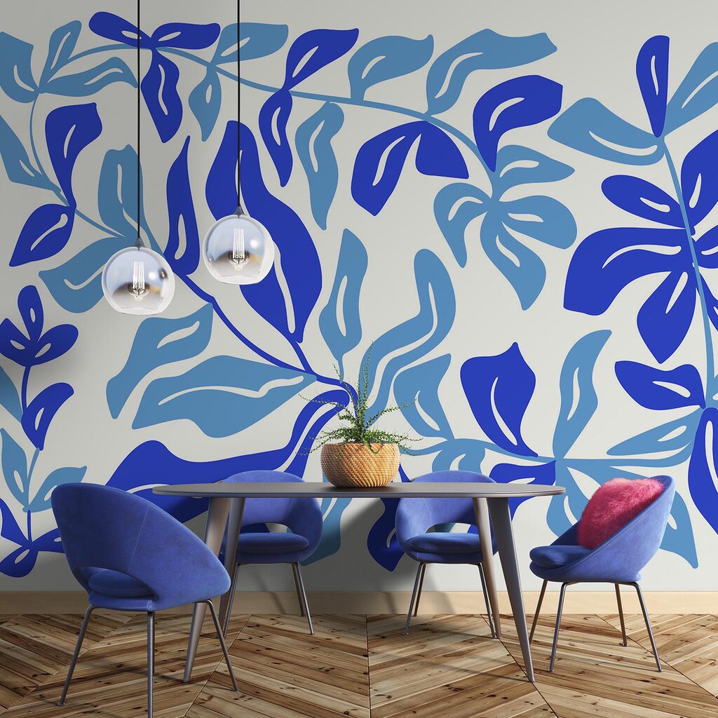 Disegno di foglie in bianco e blu