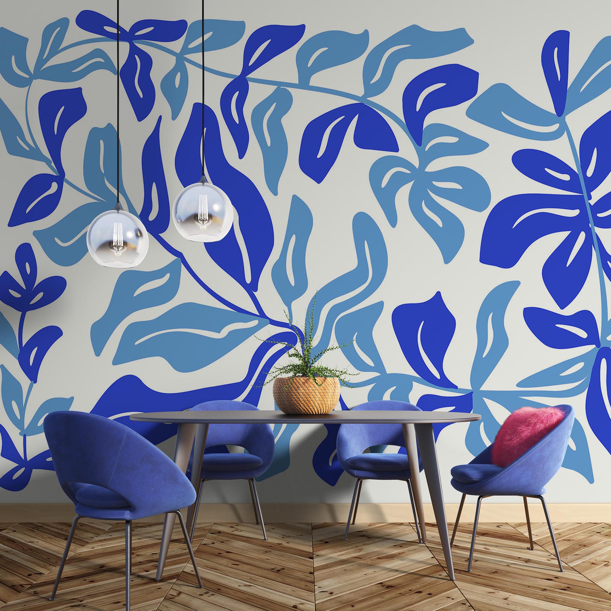 Disegno di foglie in bianco e blu