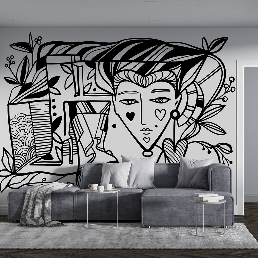 Disegno in bianco e nero del volto di una persona’. Disegno in bianco e nero del volto di una persona’.