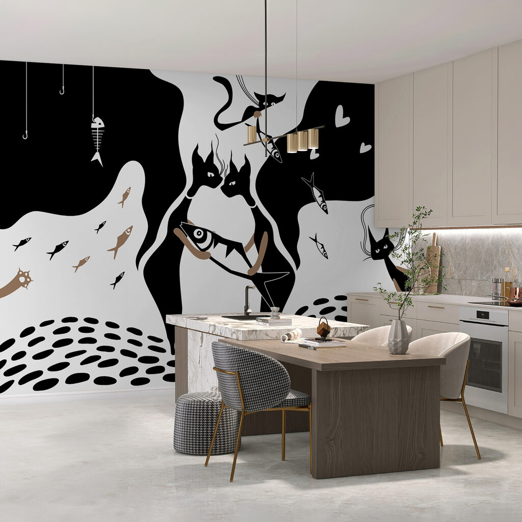 Gatto bianco e nero con pesce e pesce