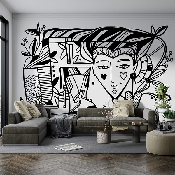 Disegno in bianco e nero del volto di una persona’. Disegno in bianco e nero del volto di una persona’.