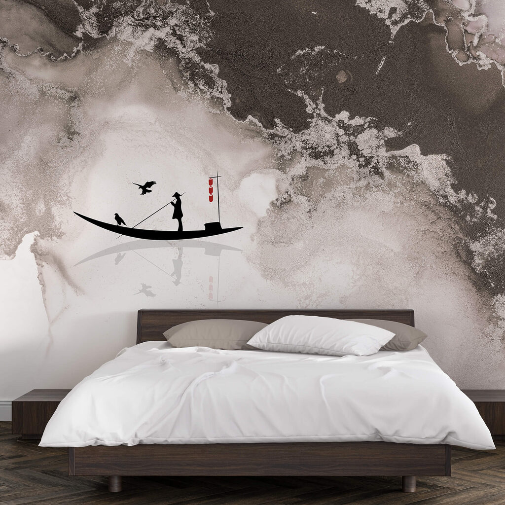 Silhouette di un uomo su una barca con un uccello su di essa