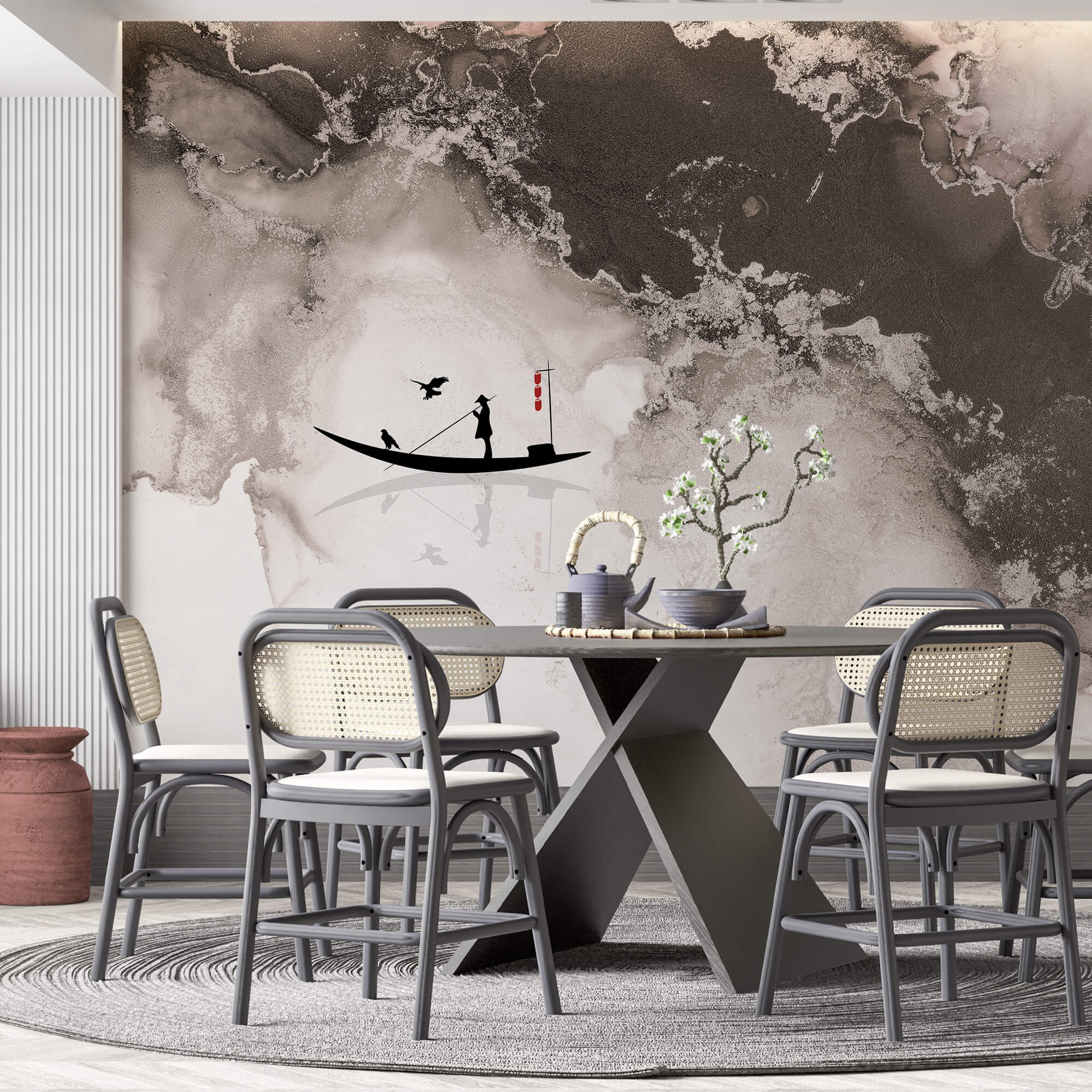 Silhouette di un uomo su una barca con un uccello su di essa