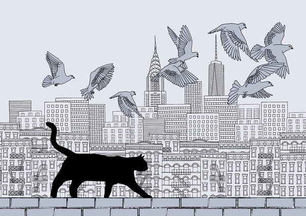 Gatto che cammina su un muro con uccelli che volano nel cielo Gatto che cammina su un muro con uccelli che volano nel cielo