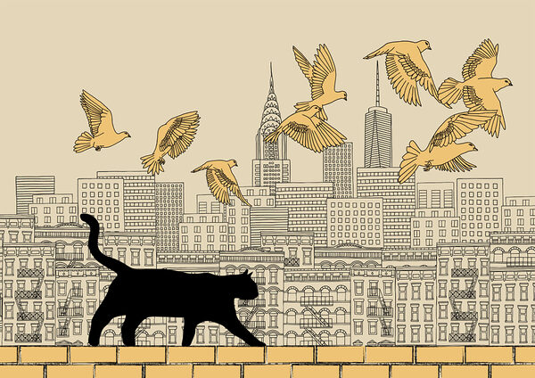 Gatto che cammina su un muro con uccelli che volano nel cielo Gatto che cammina su un muro con uccelli che volano nel cielo