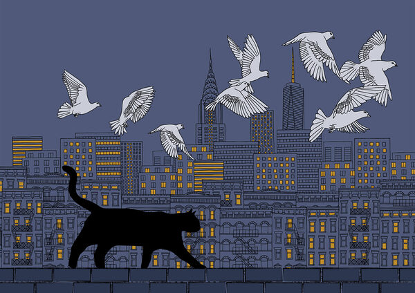 Gatto che cammina su un muro con uccelli che volano nel cielo Gatto che cammina su un muro con uccelli che volano nel cielo