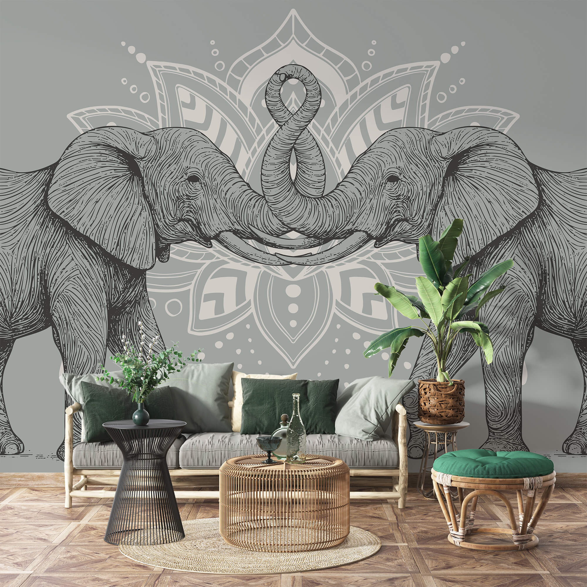 Due elefanti che si toccano con la proboscide