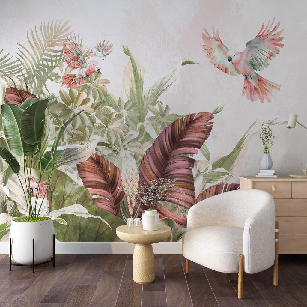 Pittura di uccelli che sorvolano una pianta