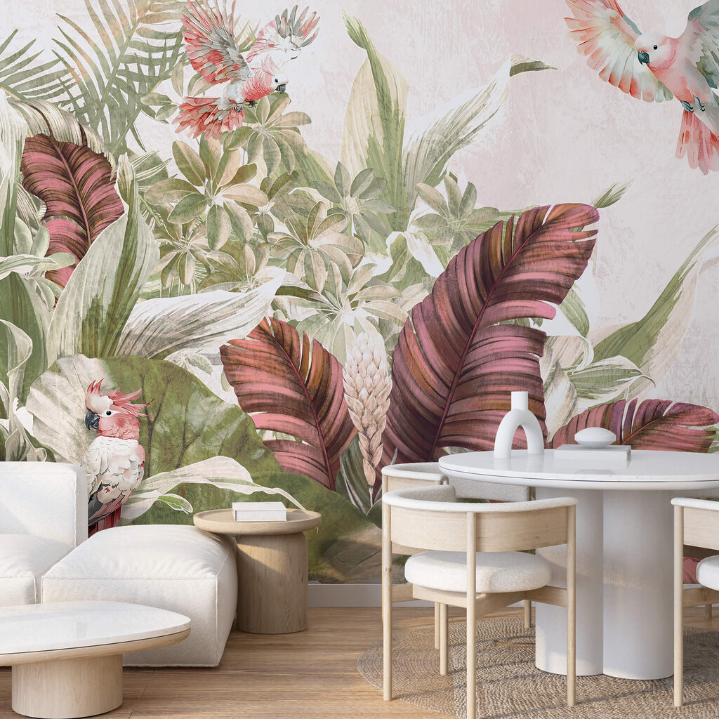 Pittura di uccelli che sorvolano una pianta