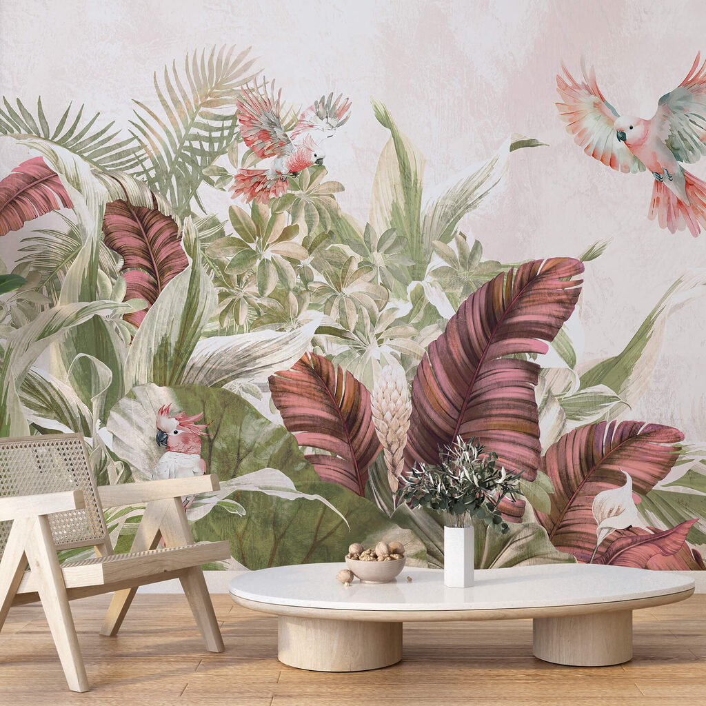 Pittura di uccelli che sorvolano una pianta