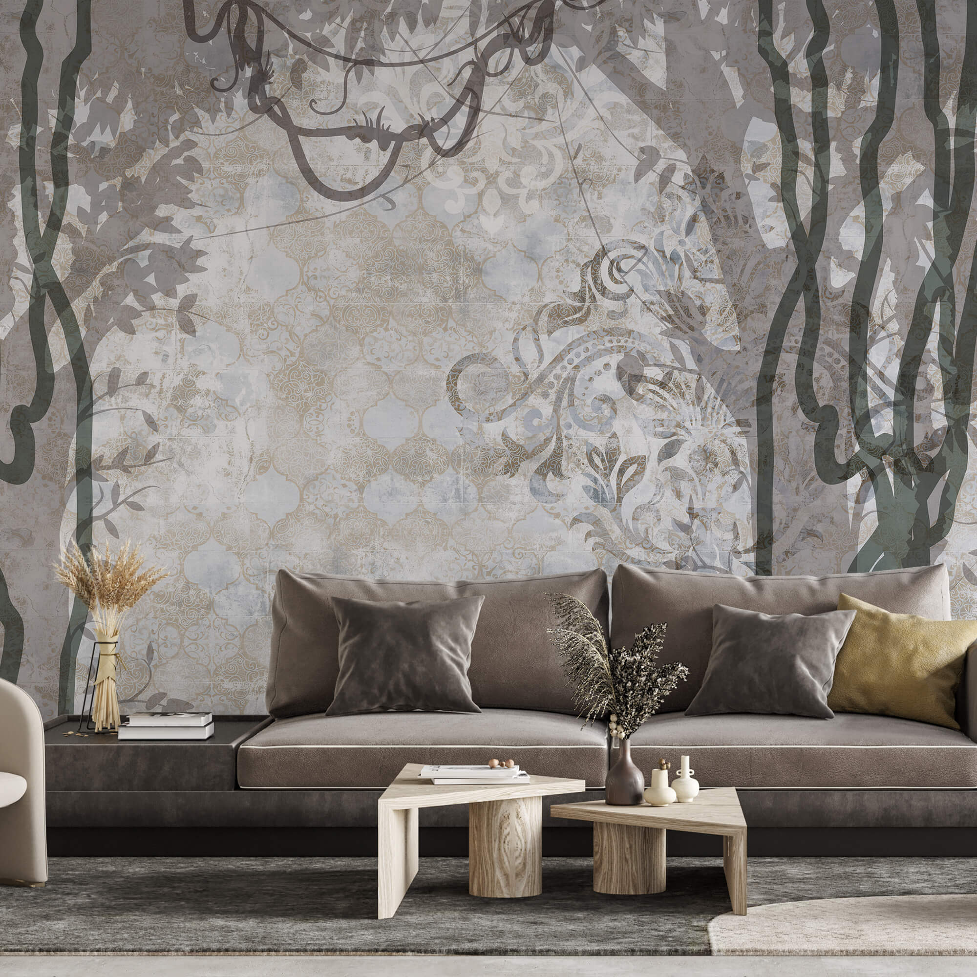 Parete bianca con viti e foglie