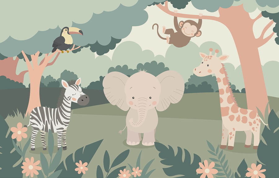 Cartone animato di animali in una foresta