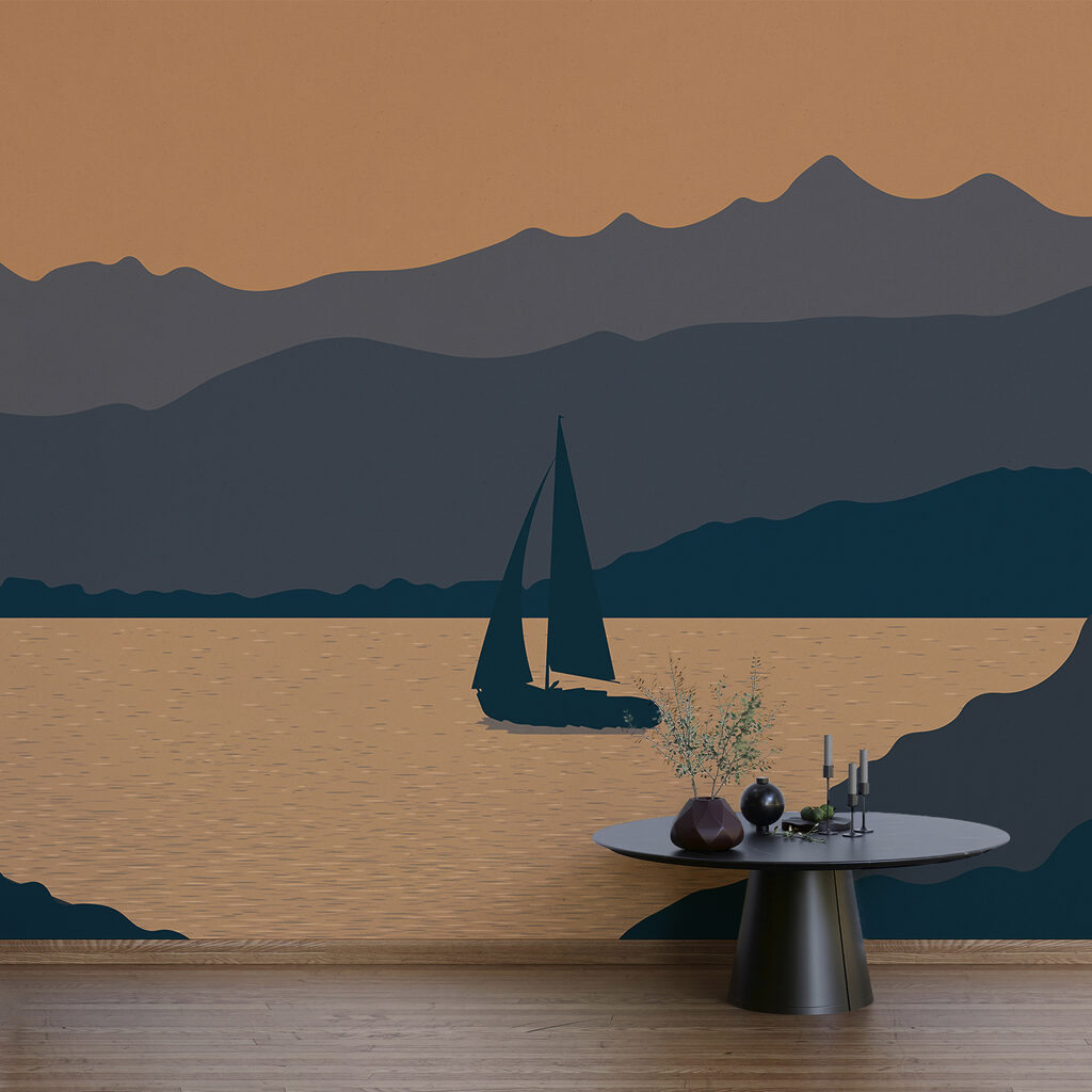 Barca a vela sull'acqua con montagne sullo sfondo
