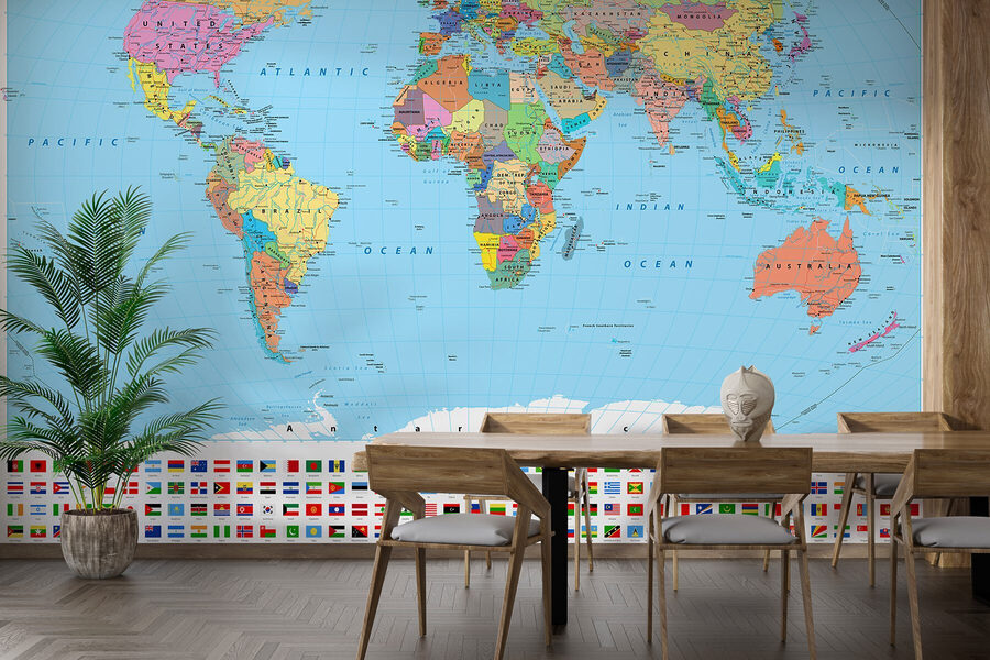 Mappa del mondo con diverse bandiere