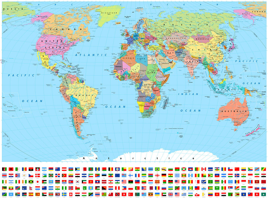 Mappa del mondo con diverse bandiere