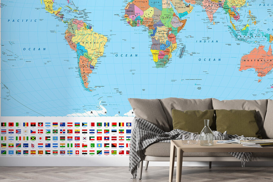 Mappa del mondo con diverse bandiere