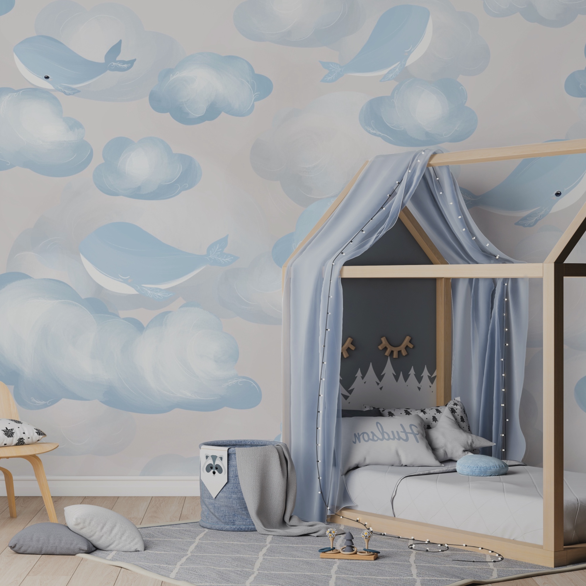 Nuvole blu e bianche e balene