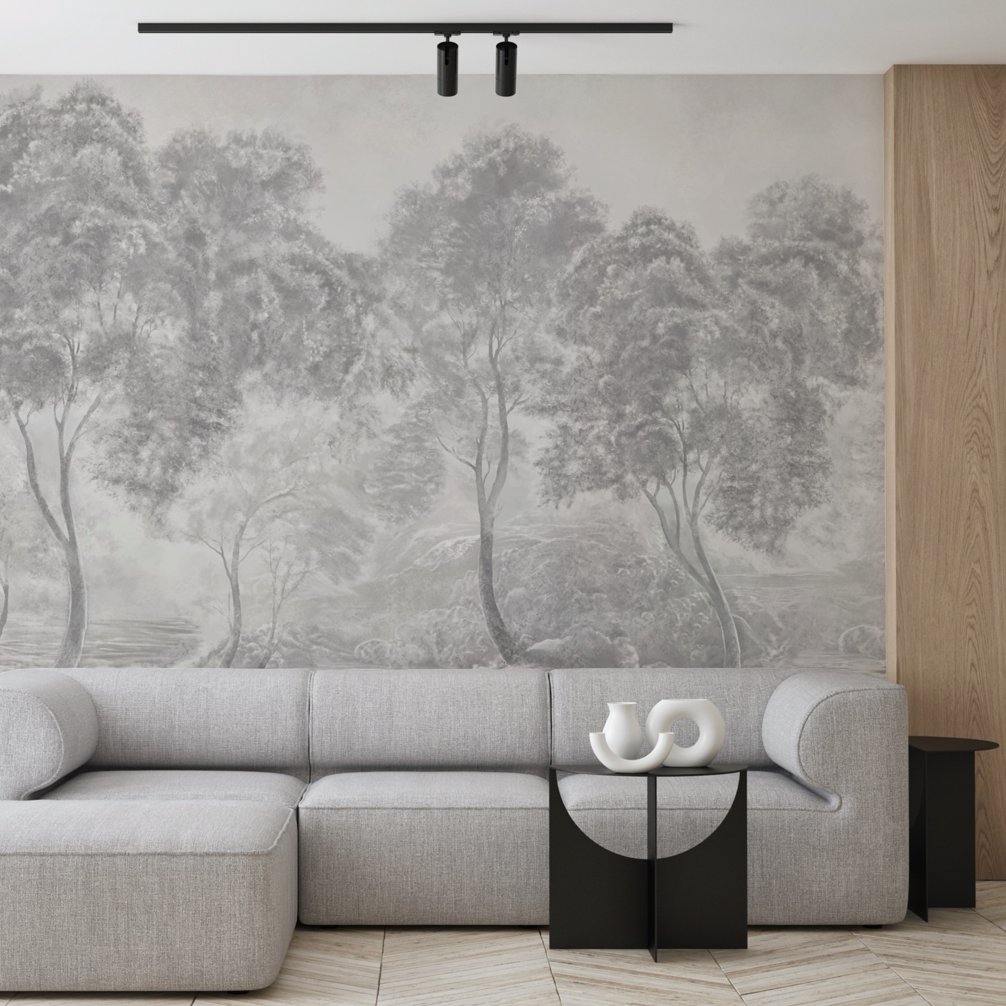 Gruppo di alberi in un paesaggio nebbioso