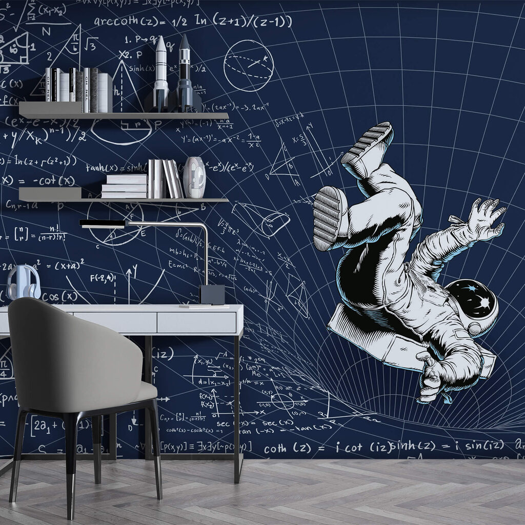 Uomo in tuta spaziale che cade su una tavola con equazioni matematiche Uomo in tuta spaziale che cade su una tavola con equazioni matematiche